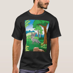 Grijze wolven die door het bos lopen met blu t-shirt