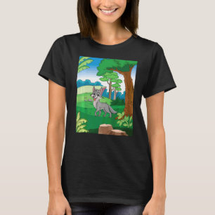Grijze wolven die door het bos lopen met blu t-shirt