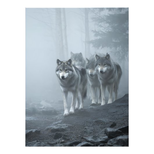 Grijze wolven in dichte mist foto afdruk (Voorkant)