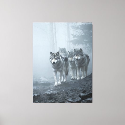 Grijze Wolven in Dikke Mist Canvas Afdruk (Voorkant)