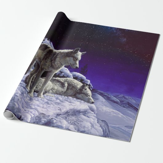 Grijze wolven in wintersneeuw bij nacht cadeaupapier (Uitgerold)