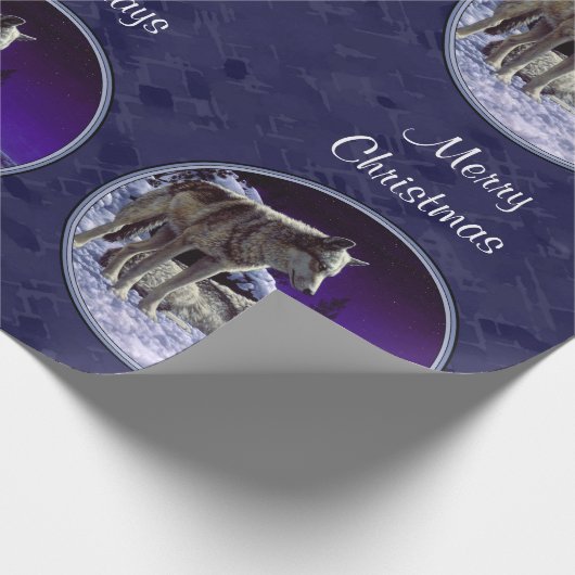 Grijze wolven in wintersneeuw bij nacht cadeaupapier (Hoek)