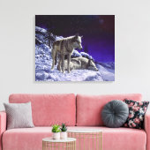 Grijze wolven in wintersneeuw bij nacht canvas afdruk (Insitu (Woonkamer))