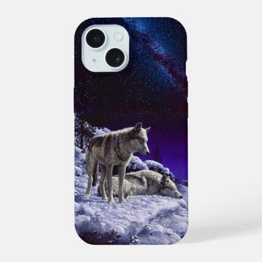 Grijze wolven in wintersneeuw bij nacht iPhone 15 case (Achterkant)