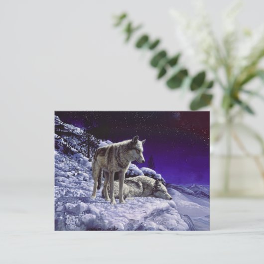 Grijze wolven in wintersneeuw bij nacht kaart (Staand voorkant)