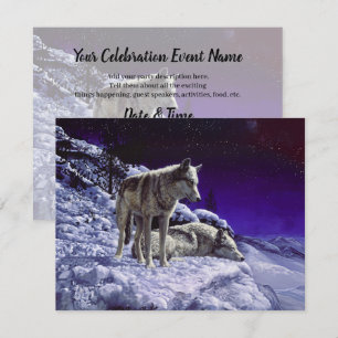 Grijze wolven in wintersneeuw bij nacht kaart