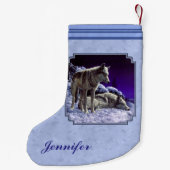 Grijze wolven in wintersneeuw bij nacht kleine kerstsok (Achterkant)