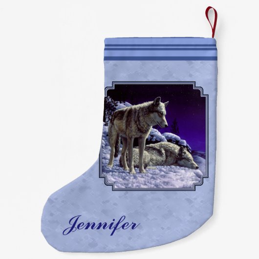 Grijze wolven in wintersneeuw bij nacht kleine kerstsok (Achterkant)