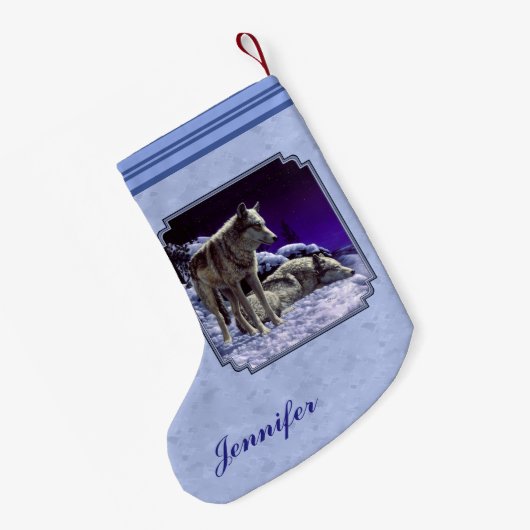 Grijze wolven in wintersneeuw bij nacht kleine kerstsok (Achterkant (Hangend))