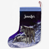 Grijze wolven in wintersneeuw bij nacht kleine kerstsok (Achterkant)