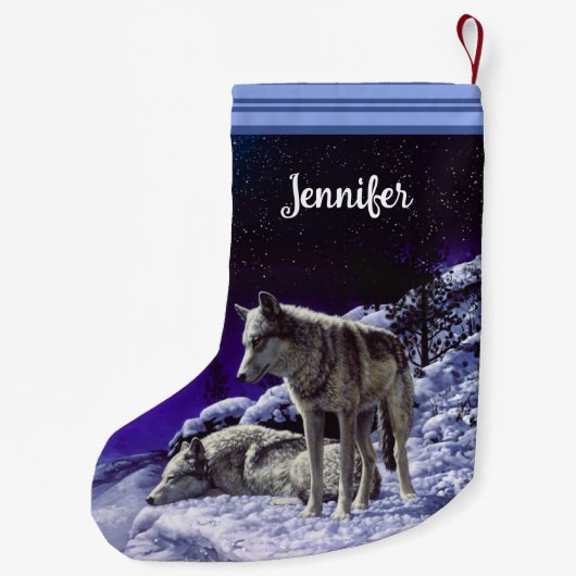 Grijze wolven in wintersneeuw bij nacht kleine kerstsok (Achterkant)