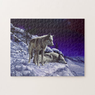 Grijze wolven in wintersneeuw bij nacht legpuzzel