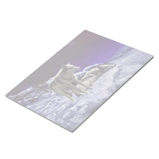 Grijze wolven in wintersneeuw bij nacht notitieblok (Schuin)