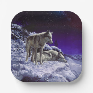 Grijze wolven in wintersneeuw bij nacht papieren bordje