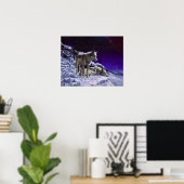 Grijze wolven in wintersneeuw bij nacht poster (Thuiskantoor)