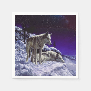 Grijze wolven in wintersneeuw bij nacht servet