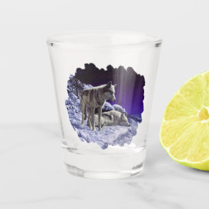 Grijze wolven in wintersneeuw bij nacht shot glas