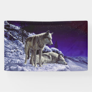 Grijze wolven in wintersneeuw bij nacht spandoek