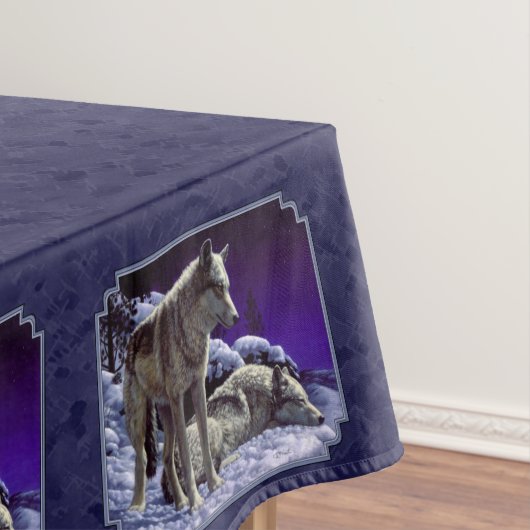 Grijze wolven in wintersneeuw bij nacht tafelkleed (Voorbeeld)