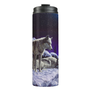 Grijze wolven in wintersneeuw bij nacht thermosbeker