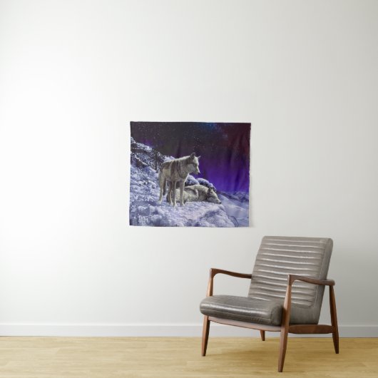 Grijze wolven in wintersneeuw bij nacht wandkleed (In Situ (horizontaal))