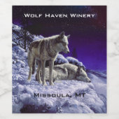 Grijze wolven in wintersneeuw bij nacht wijn etiket (Enkel label)