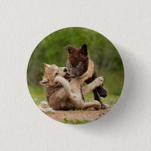 Grijze wolvenwelpen worstelen ronde button 3,2 cm