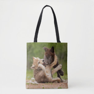 Grijze Wolvenwelpen Worstelen Tote Bag