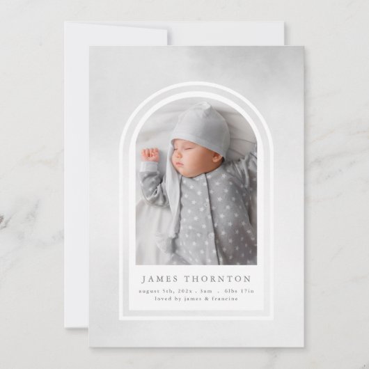 grijze zachte waterverf foto baby geboorte aankondiging (Voorkant)