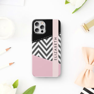 Grijze Zigzag, Grijze Chevron, Roze, Je Naam iPhone 16 Hoesje