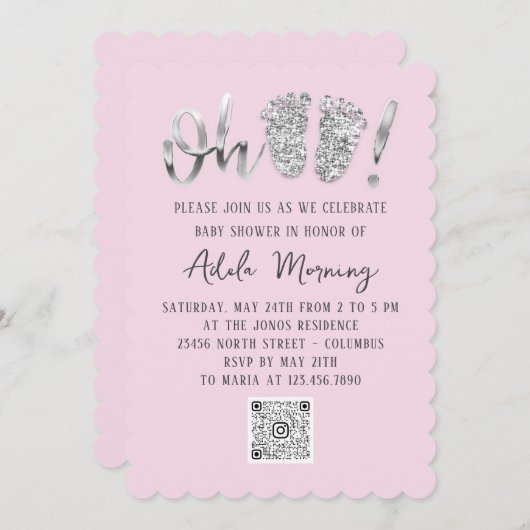 Grijze zilver Glitter Feet Baby Girl QR CODE Roze Kaart (Voorkant / Achterkant)