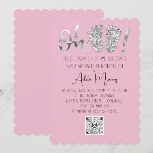 Grijze zilver Glitter Feet Baby Girl QR CODE Roze Kaart (Voorkant / Achterkant)