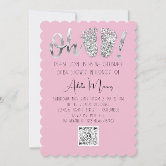 Grijze zilver Glitter Feet Baby Girl QR CODE Roze Kaart (Voorkant)