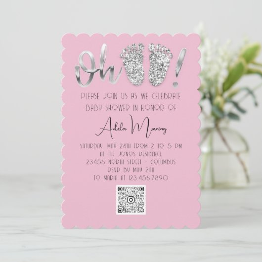Grijze zilver Glitter Feet Baby Girl QR CODE Roze Kaart (Staand voorkant)