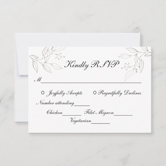 Grijze zilveren bladeren Minimalistisch bruiloft RSVP Kaartje (Voorkant)