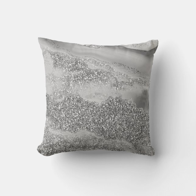 Grijze Zilveren Glitter Luxe Agate Geode Kussen (Voorkant)