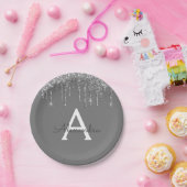 Grijze Zilveren Glitter Monogram Verjaardag Papieren Bordje (Feest)