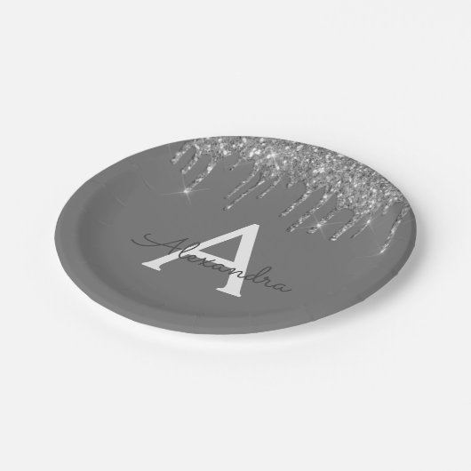 Grijze Zilveren Glitter Monogram Verjaardag Papieren Bordje (Gekanteld)