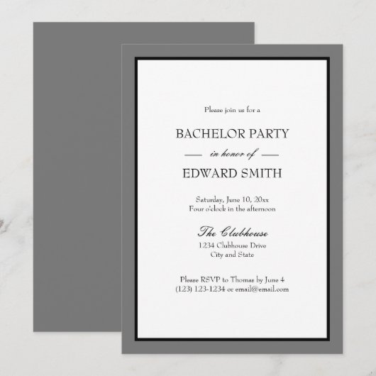 Grijze Zwart Rand Bachelorfeest Uitnodigingen (Voorkant / Achterkant)