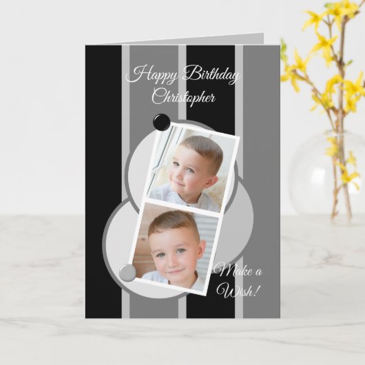 Grijze zwart-witte strepen foto's verjaardag kaart (Gele Bloem)