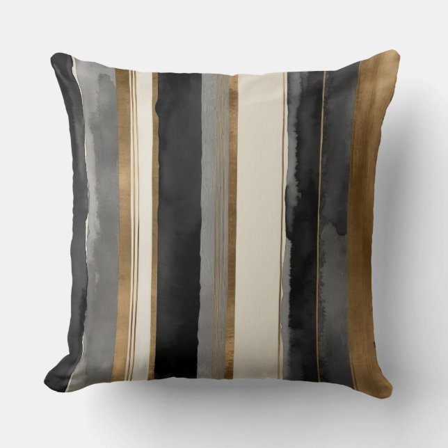 Grijze zwarte beige en gouden strepen kussen (Voorkant)