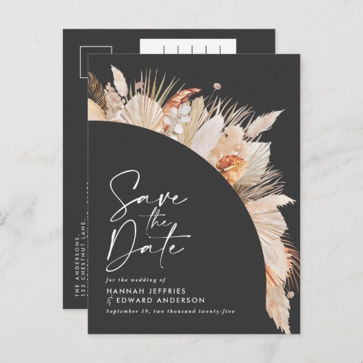 Grijze zwarte botanische elegantspruid aankondigingskaart (Voorkant / Achterkant)