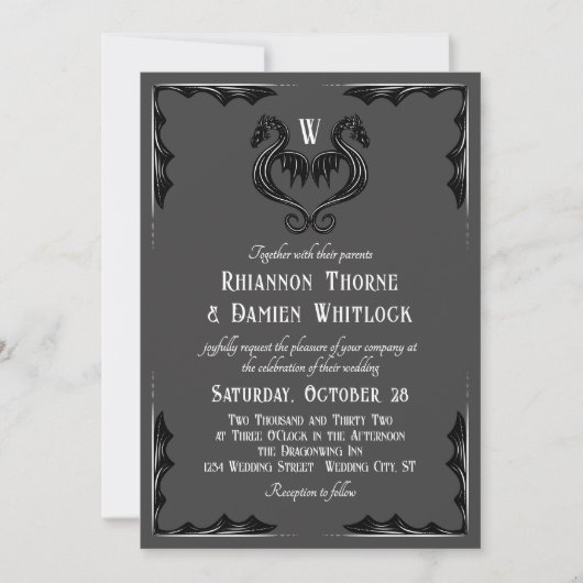Grijze Zwarte Draak Monogram Fantasy Wedding Kaart (Voorkant)