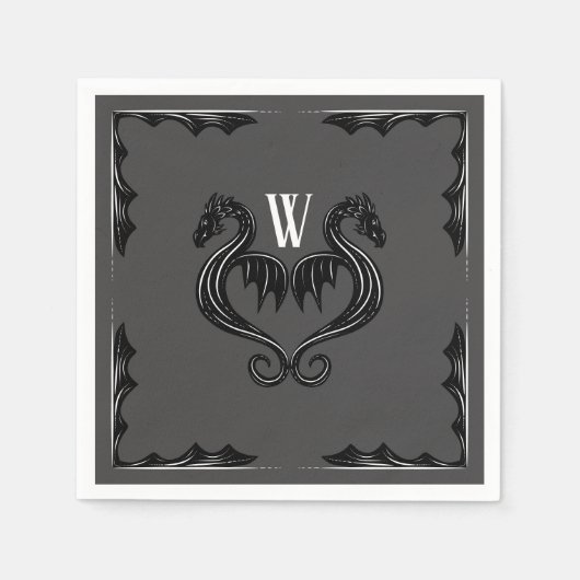 Grijze Zwarte Draak Monogram Fantasy Wedding Servet (Voorkant)