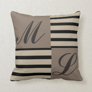 Grijze zwarte en beige strepen Monogram Kussen