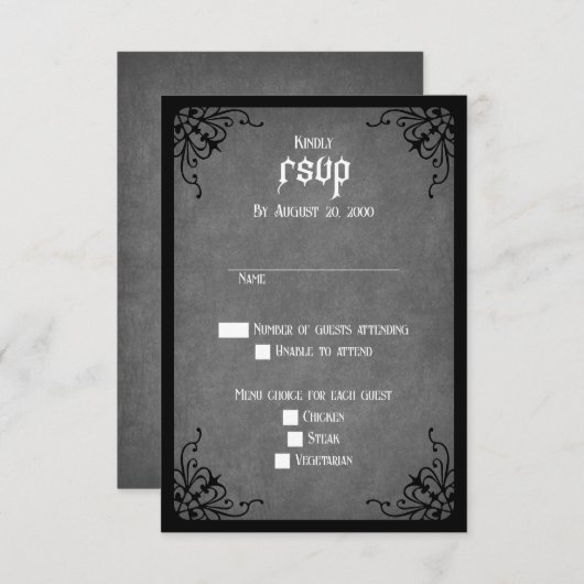 Grijze Zwarte Gotische Bruiloft RSVP Kaartje (Voorkant / Achterkant)