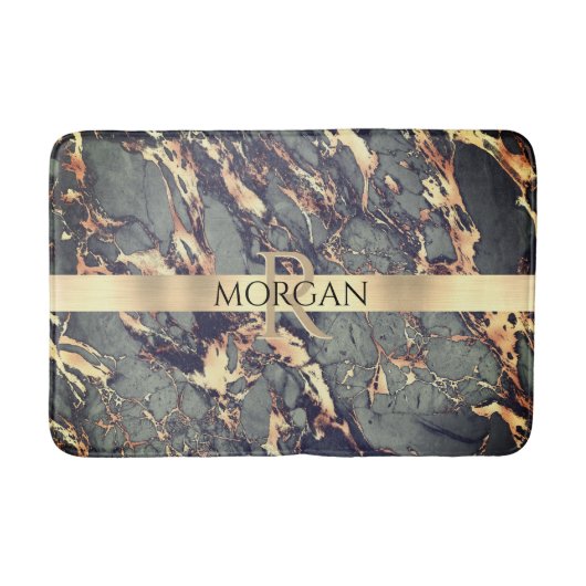 Grijze zwarte goudmarmer, Lg Gold Stripe Name+Mono Badmat (Voorkant)