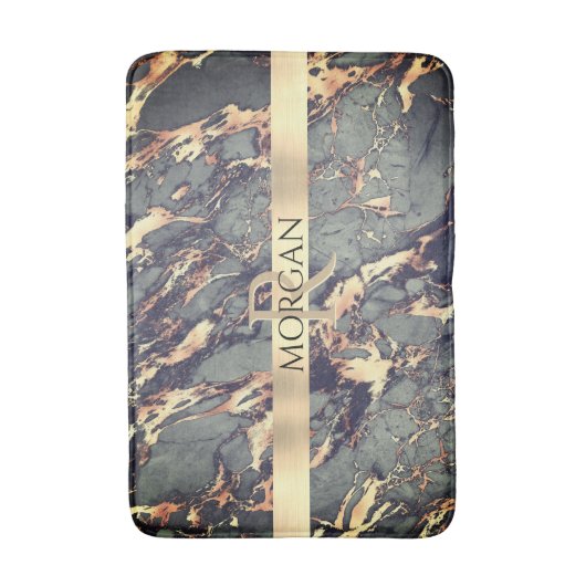 Grijze zwarte goudmarmer, Lg Gold Stripe Name+Mono Badmat (Voorkant Verticaal)