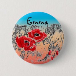 Grijze zwarte rode bloemen papaver ronde button 5,7 cm