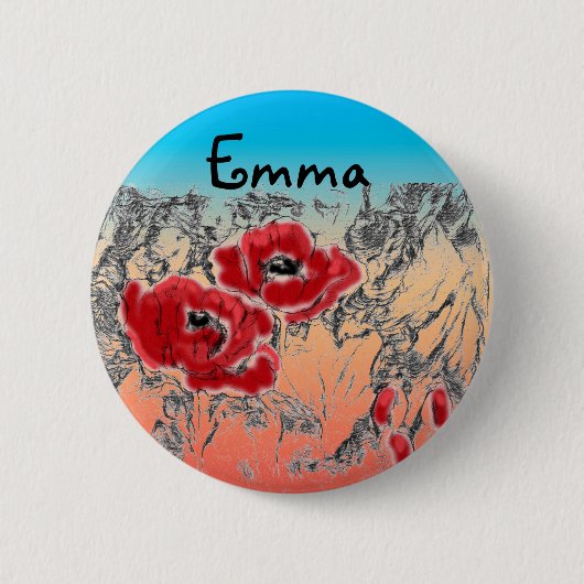 Grijze zwarte rode bloemen papaver ronde button 5,7 cm (Voorkant)